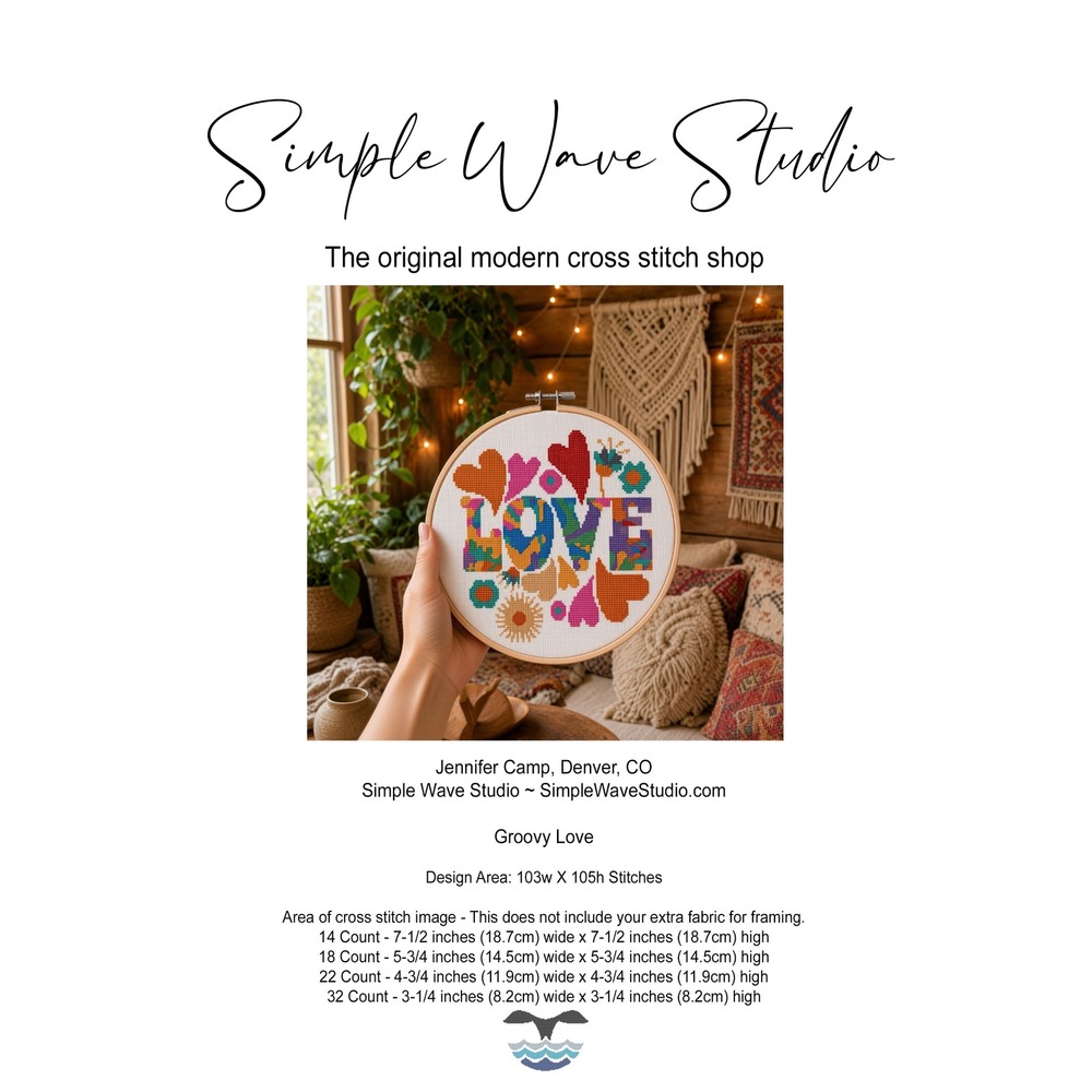 Groovy Love Hippie Modern Cross Stitch Pattern Retro Hearts Multi